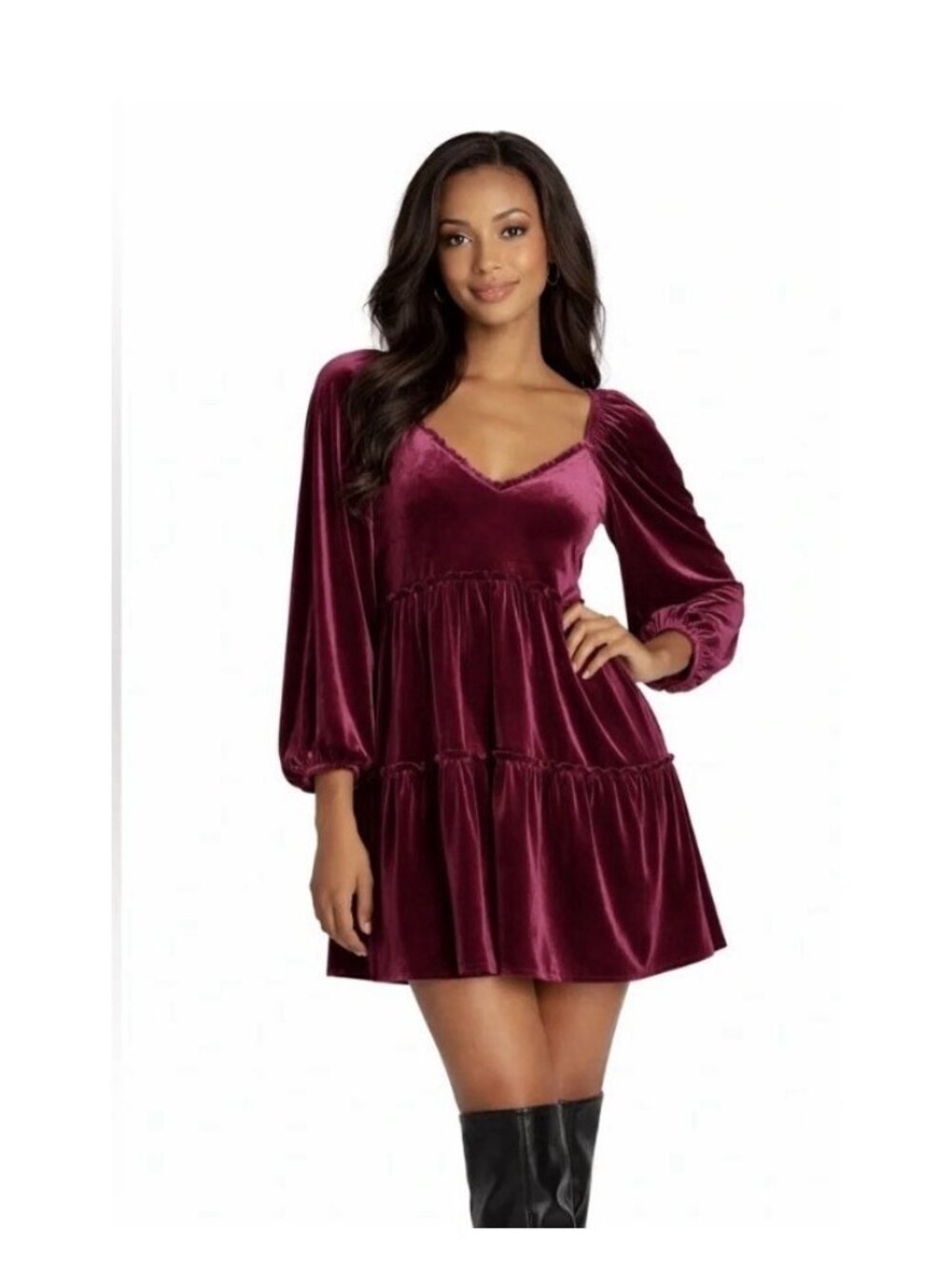 Betsey Johnson Velvet Tiered Babydoll Mini Dress Medium  Burgundy Red Wine